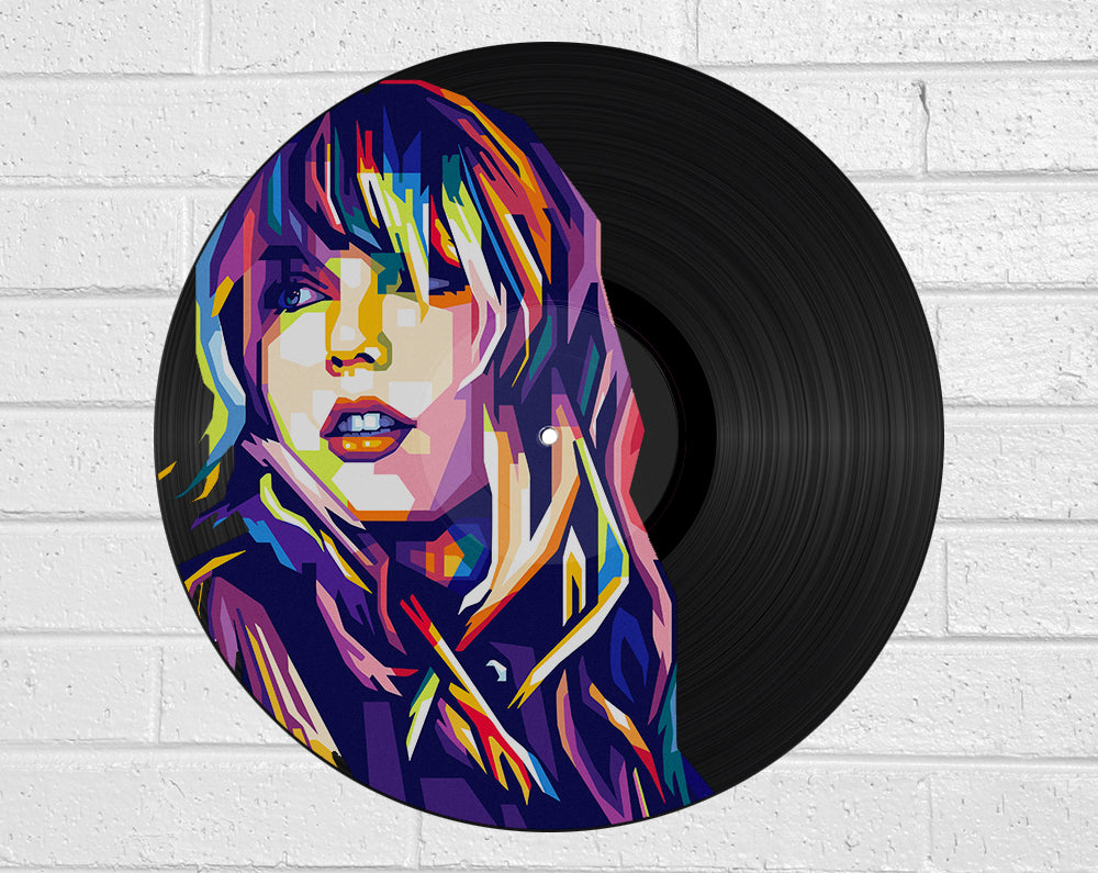 Vinyl record art with a colorful artistic portrait of taylor swift on a white brick wall background