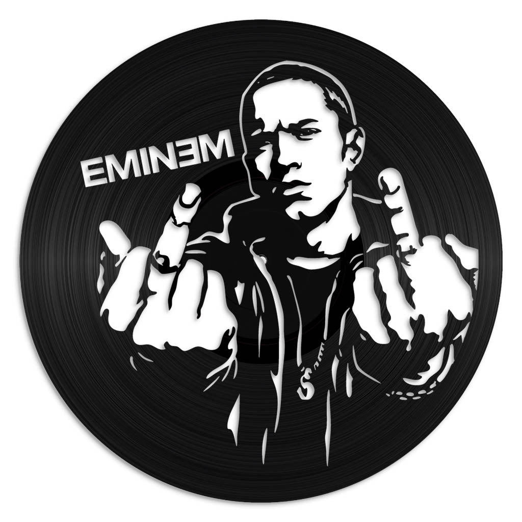 Vinyl record with a stylized portrait of Eminem and his name on a white background