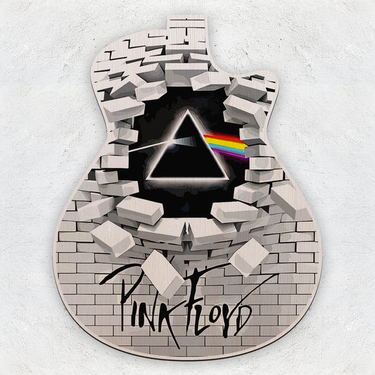 Pink Floyd wall art with guitar design and iconic triangle and rainbow logo.