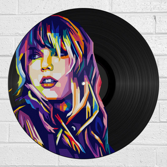 Vinyl record art with a colorful artistic portrait of taylor swift on a white brick wall background