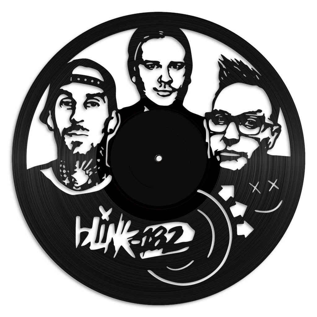 Vinyl record with black and white illustration of three faces and 'blink-182' logo